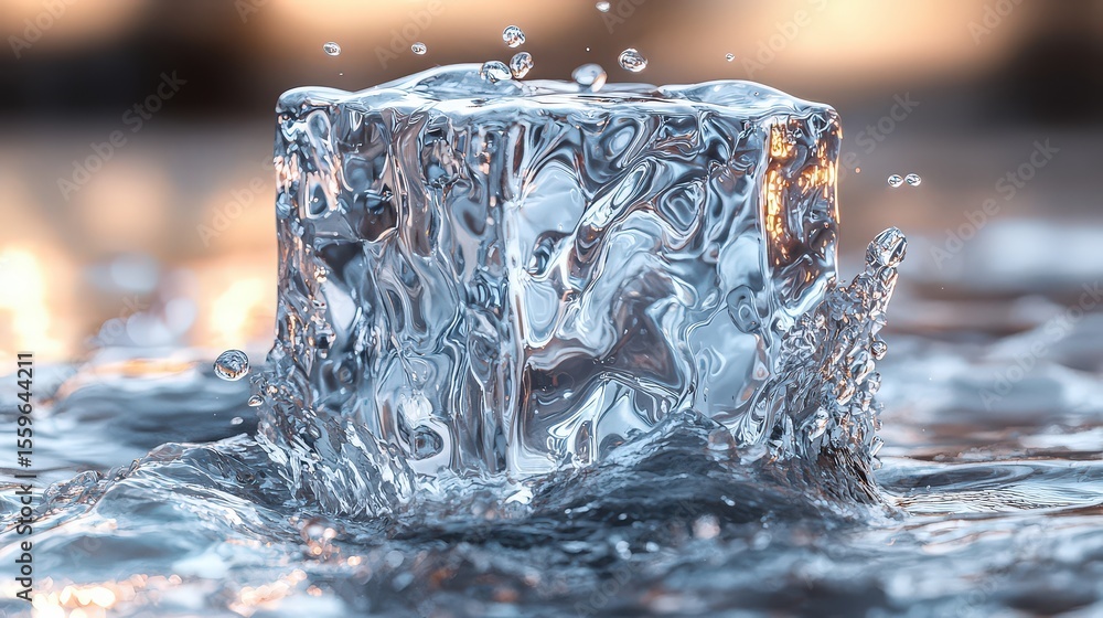 Poster dynamic splash of ice cube in water nature scene close-up photography bright environment captivating