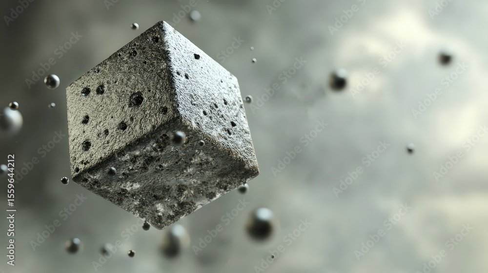 Aufkleber Floating metallic cube and particles in abstract science concept studio environment digital artwork close-up view