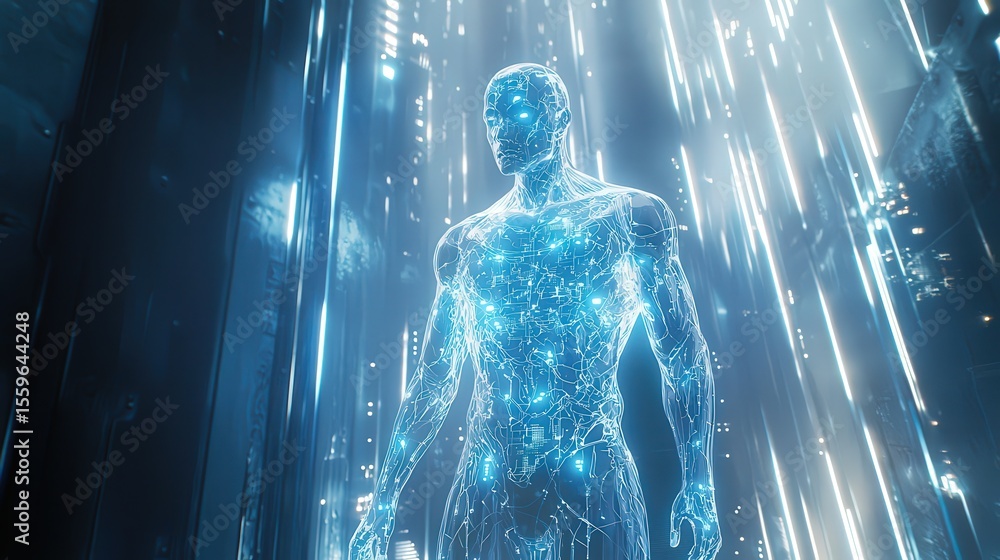 Poster Futuristic digital human virtual environment 3d artwork sci-fi setting captivating viewpoint