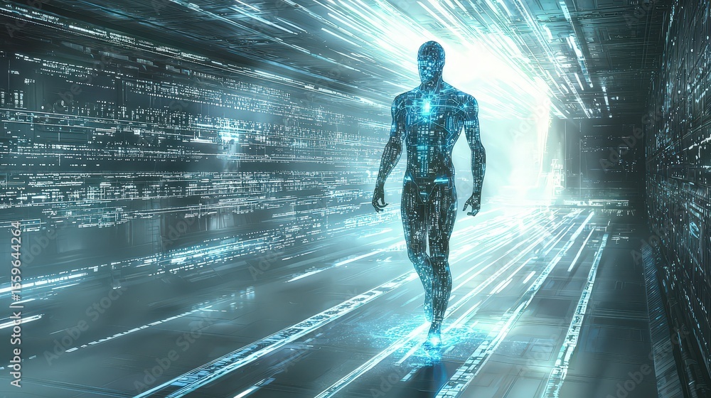 Poster futuristic digital entity emerges virtual realm digital art sci-fi perspective artificial intelligen