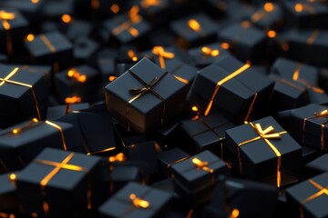 Obraz premium Big pile of black presents with glowing golden ribbons, 3D rendering, holiday festive background