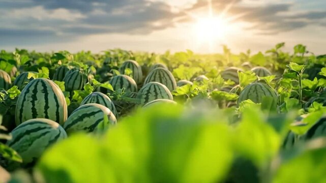 Harvest of sweet ripe watermelons on a field under the sun's rays. Agricultural business development concept, growing melons and watermelons	