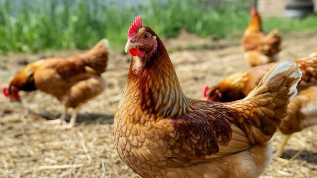Chickens on a chicken farm grazing outdoors, domestic animal husbandry concept	