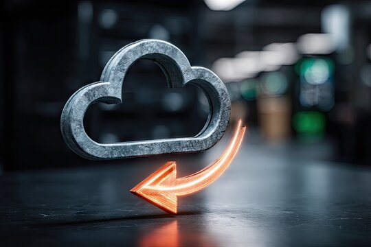 3D rendered metallic cloud icon with glowing arrow, suggesting data transfer or cloud storage.  Dark background with blurred server room elements