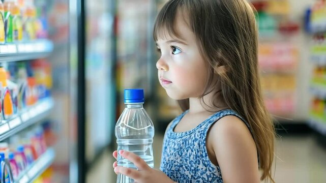 A little girl holds a bottle of refreshing water, promoting healthy choices instead of sugary drinks from a vending machine