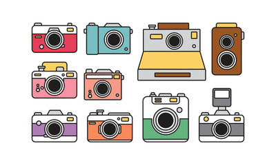 A collection of classic camera illustrations of various types with hand-drawn outlines