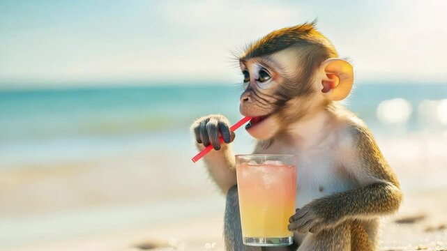 Funny monkey drinks a cocktail on a sunny beach