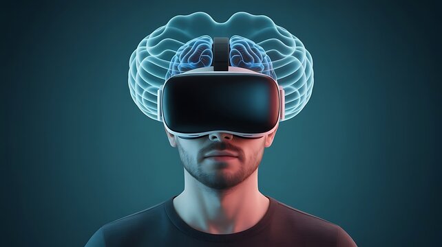 Man wearing virtual reality headset with glowing brain interface connection