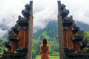 Balinese cultural site visit, woman contemplating sacred temple gate in Southeast Asia
