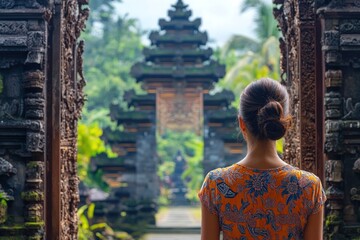 Balinese cultural site visit, woman contemplating sacred temple gate in Southeast Asia