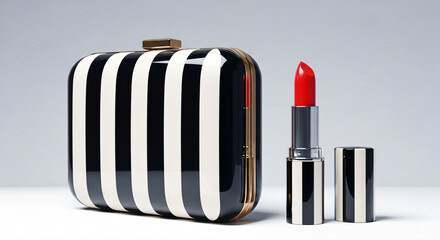 Black and white striped clutch with a gold clasp, next to a red lipstick with a matching striped design.