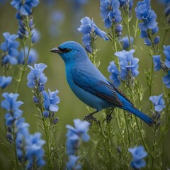 Blue tanager in a field of blue flax