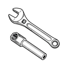 Hand drawn illustration of an adjustable wrench and socket tool on white