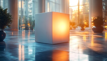 Glowing Cube in Sunlit Glass Room with Potted Plants

