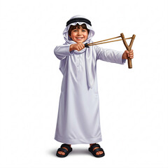 Child in traditional Middle Eastern attire holding a slingshot.