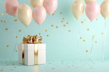 Anniversary celebration design with glossy gift box and shiny balloons against pastel background, 3D style
