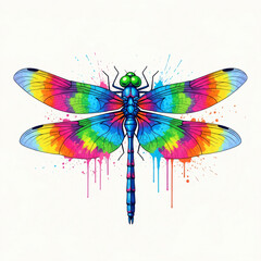 Colorful dragonfly illustration with rainbow wings and paint splashes on a white background.