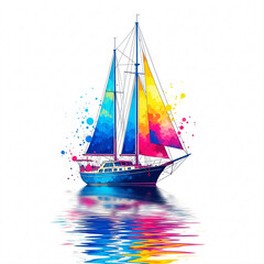 Colorful sailboat with vibrant sails and splashes of blue, yellow, pink, and purple.