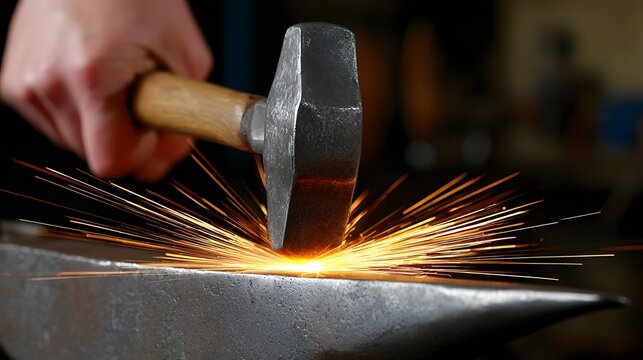 A close-up panning shot of a blacksmith shaping hot iron in a dim workshop, sparks flying, rhythmic hammering and industrial background noise