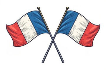 Two crossed french flags waving on poles with a sketchy artistic style