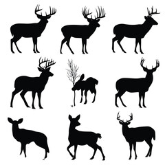 whitetail buck silhouette set, Black & White silhouette set