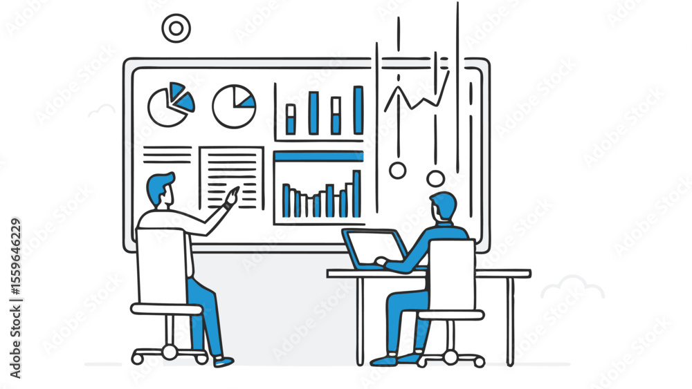 Poster two people analyzing data on a whiteboard with charts and graphs in a business meeting setting