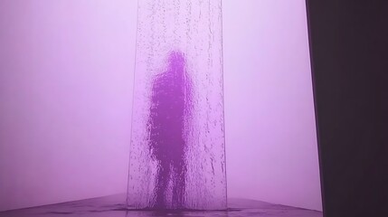Captivating purple silhouette figure behind a glistening water curtain creating an ethereal and