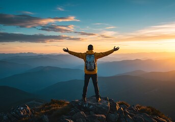 Obraz premium Hiker enjoys breathtaking mountain sunrise vista. Generative Ai