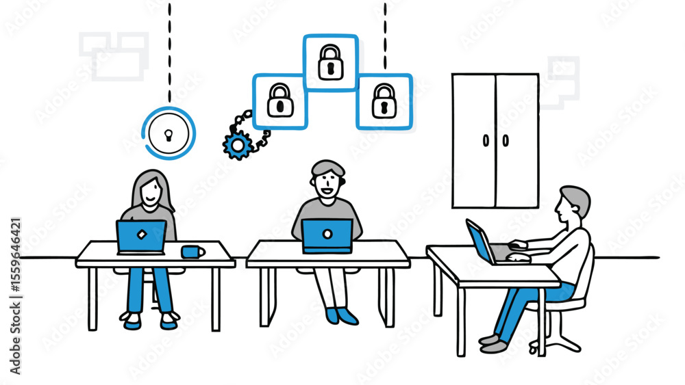 Poster people working at desks with laptops under security icons in a modern office environment setting sce