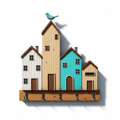 Decorative coat rack resembling a row of miniature houses with a blue bird on top.
