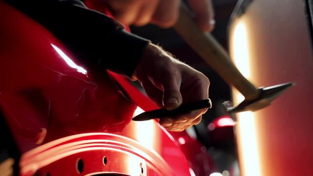 Close up footage of Process of pointless dent repair on car body, mechanic at the auto shop with tools to repair dents in red car body. PDR