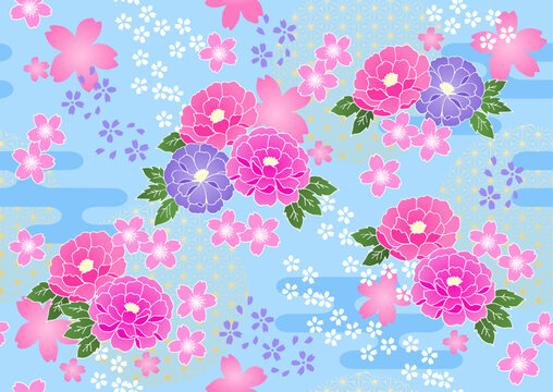 和柄 牡丹と桜のシームレスベクター素材 着物 浴衣 水色 Japanese pattern Peony and cherry blossom seamless vector material Kimono yukata sky blue