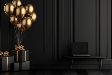 Fototapeta premium 3D scene of black room with gold balloons tied to black gift boxes, laptop on coffee table