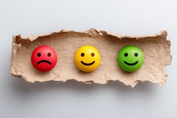 Torn brown paper revealing white background with red sad, yellow neutral, and green happy 3D emoji faces symbolizing emotional feedback, satisfaction levels, opinion range, and customer response

