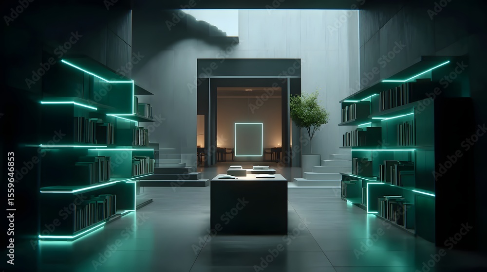 Poster a steady cam shot moving through a futuristic library with glowing books and floating text, cyber-fa