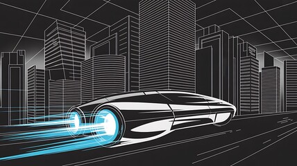 Obraz premium Futuristic vehicle speeds through a stylized city with glowing blue propulsion effects