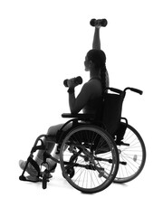 Silhouette of sporty young woman in wheelchair with dumbbells on white background