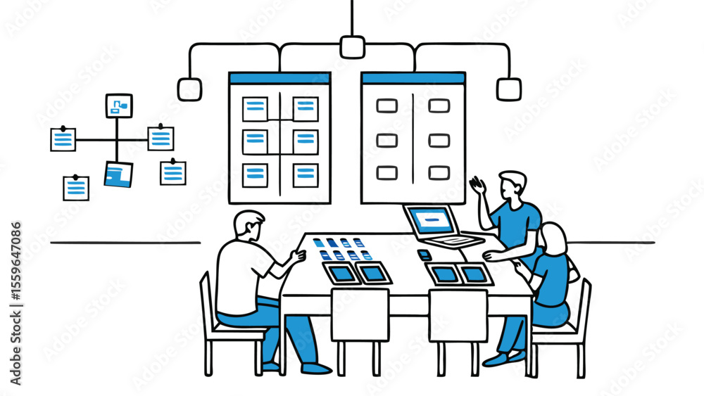Aufkleber people collaborating around a table with devices and diagrams in a meeting room setting shown clearl