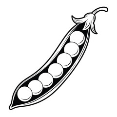 Black and White Pea Pod Illustration with Six Peas Inside
