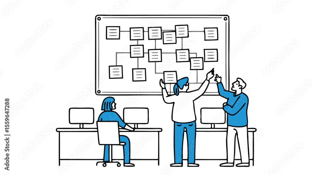 Poster people collaborating on a flowchart on a whiteboard in an office environment discussing strategy tog