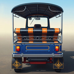 Rear view of a blue tuk-tuk with striped black and orange seats and decorative gold details.