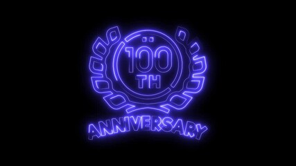 One hundredth anniversary celebration with neon blue light glow and laurel wreath symbol