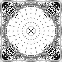 Bandana paisley square ethnic floral hand drawn pattern.Ornament classic vintage vector elements black on white background.Design for scarf,headscarf,kerchief,hijab,tablecloth,print fabric,decoration.