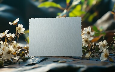 Torn Edge White Card with White Flowers on Stone Surface in Soft Light

