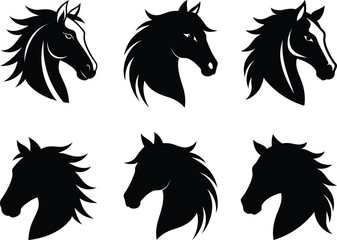 Friesian horse head silhouette set - dramatic vector outlines, EPS JPEG PNG