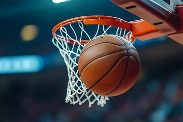 Fototapeta premium Basketball ball in flight towards the hoop with net and orange backboard against blurred background