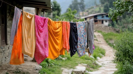 Colorful textiles hanging on a clothesline in a rural setting.