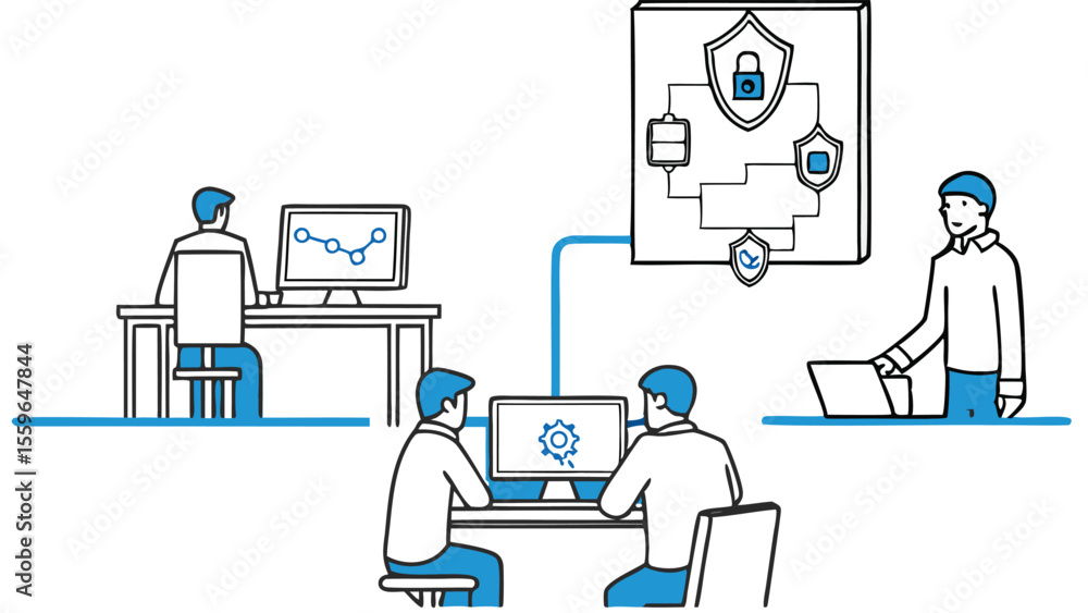 Poster people collaborating with computers and security network diagram in a business environment setting
