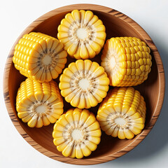Wooden bowl with circular segments of bright yellow corn on the cob.