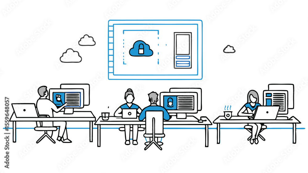 Poster people working at desks with computers and laptops with cloud security illustration drawn in blue an